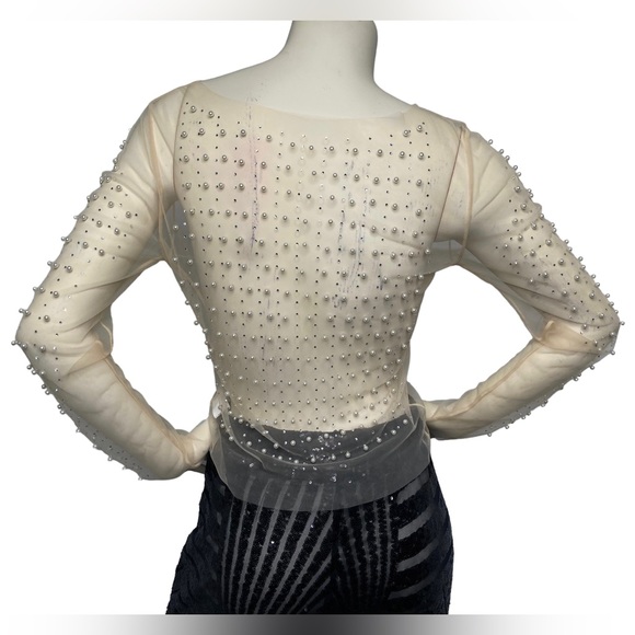 FASHION CLASSIC COLLECTION Nude Sheer Mesh See Through Pearl Diamond Crop Top, L - Picture 9 of 16